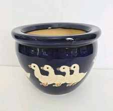 Vintage Dark Blue Ceramic Pottery Duck Goose Planter Pot