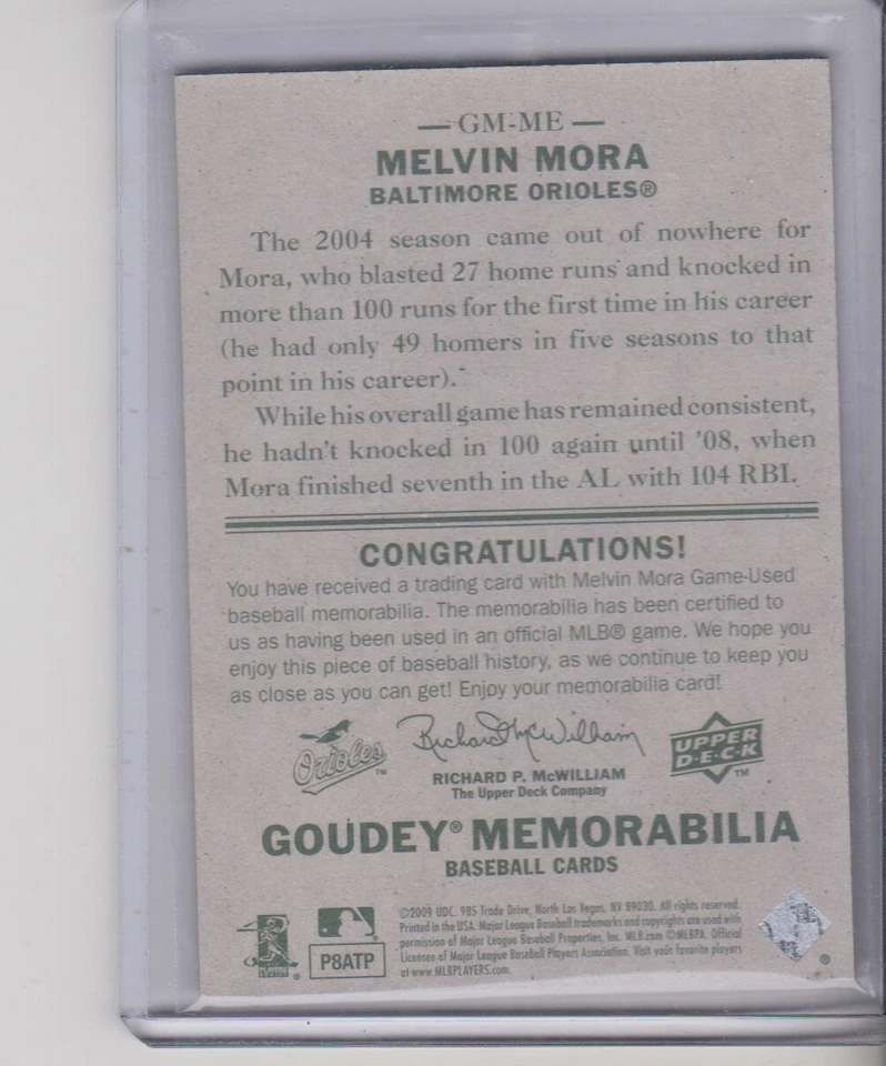 2009 Upper Deck Goudey Melvin Mora Game used Jersey Baltimore Orioles - Image 2 of 2