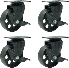 FactorDuty 4 All Black Metal Swivel Plate Caster Wheels w/Brake Lock, 3.5" Brake