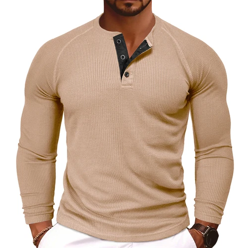 Mens Ribbed Henley Shirts Long Sleeve Button Grandad Plain Casual Tops T-Shirt - Picture 10 of 34