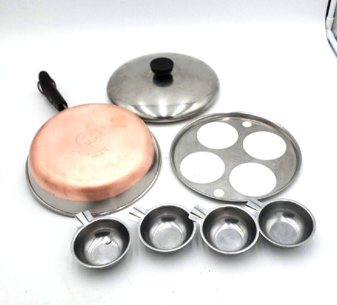 Vintage Pre1968 Revere Ware 4Cup Egg Poacher 8" Fry Pan Skillet w/Lid