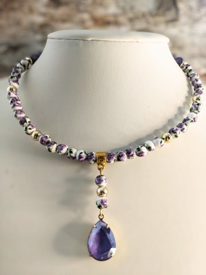 Victorian Darling Purple Flower Porzellan Perlen & Anhänger Halsband Halskette