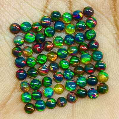 60 Pcs Natural Ethiopian Black Opal 3.2mm Round Flashy Loose Cabochon Gemstones