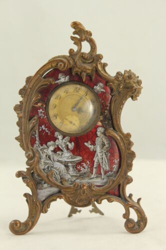 Antique Viennese Bronze & Enamel Miniature Boudoir Clock - Waltham - Afbeelding 1 van 8