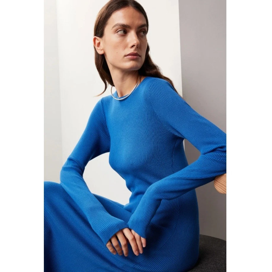 GREAT JONES Ribbed Knit Long Sleeve Bodycon Midi Dress Cobalt Blue Size M - Image 4 of 4