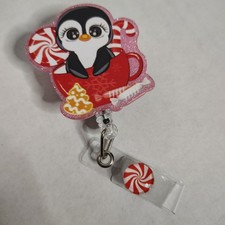 Lindo bastón de caramelo de pingüino Navidad retráctil insignia carrete trabajo identificación enfermera maestra