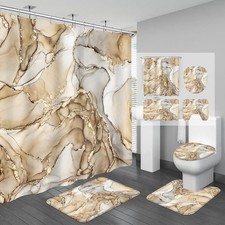 4PCS Beige Marble Bathroom Sets with Shower Curtain and Rugs