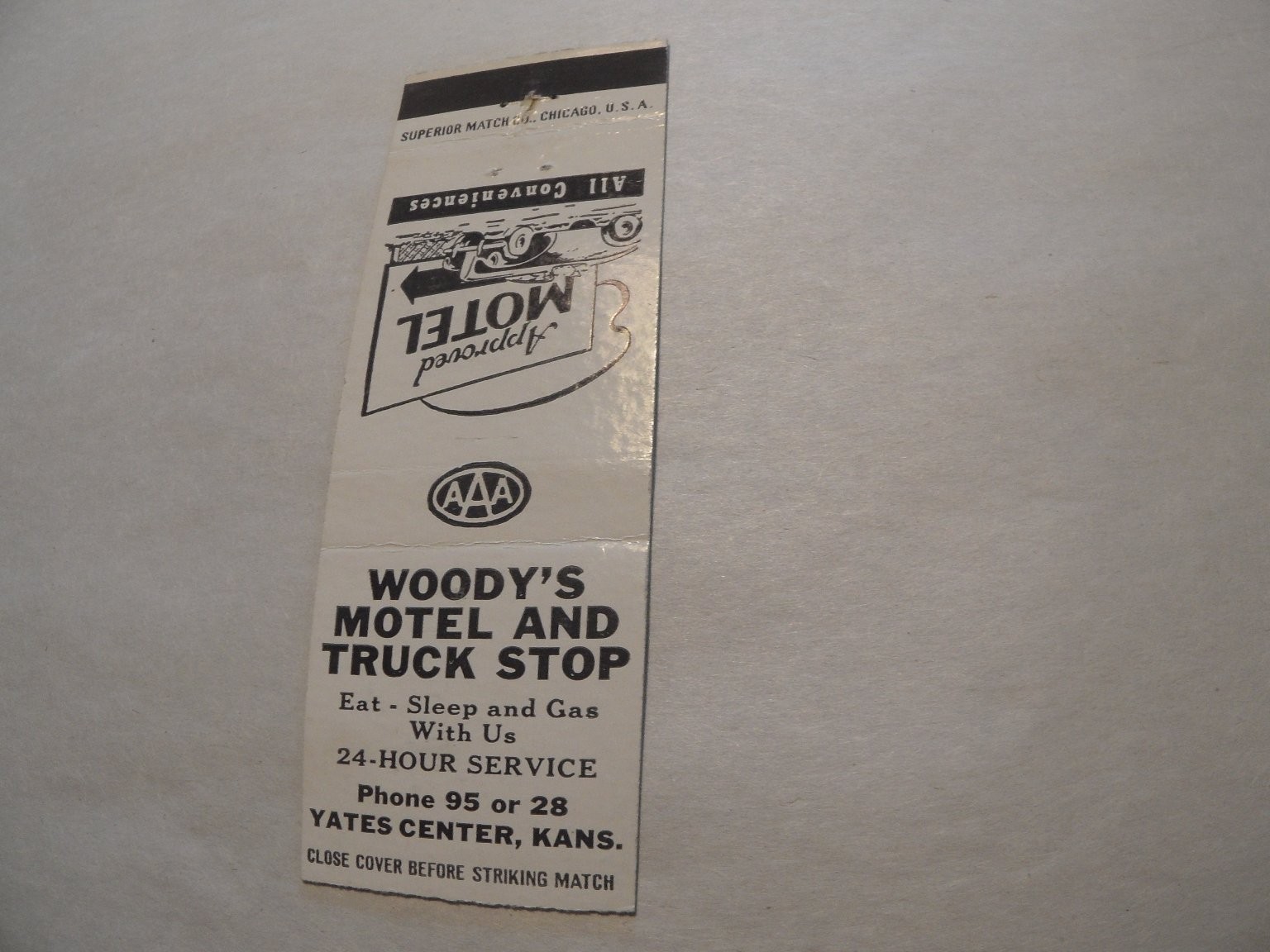 Woody's Motel and Truck Stop Yates Center Kansas Vintage Car Matchbook