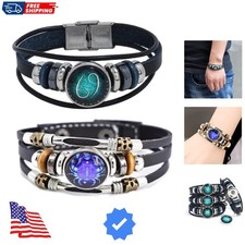 2Pcs Multilayer Constellation Zodiac Leather Bracelet Handmade Woven Zodiac S...