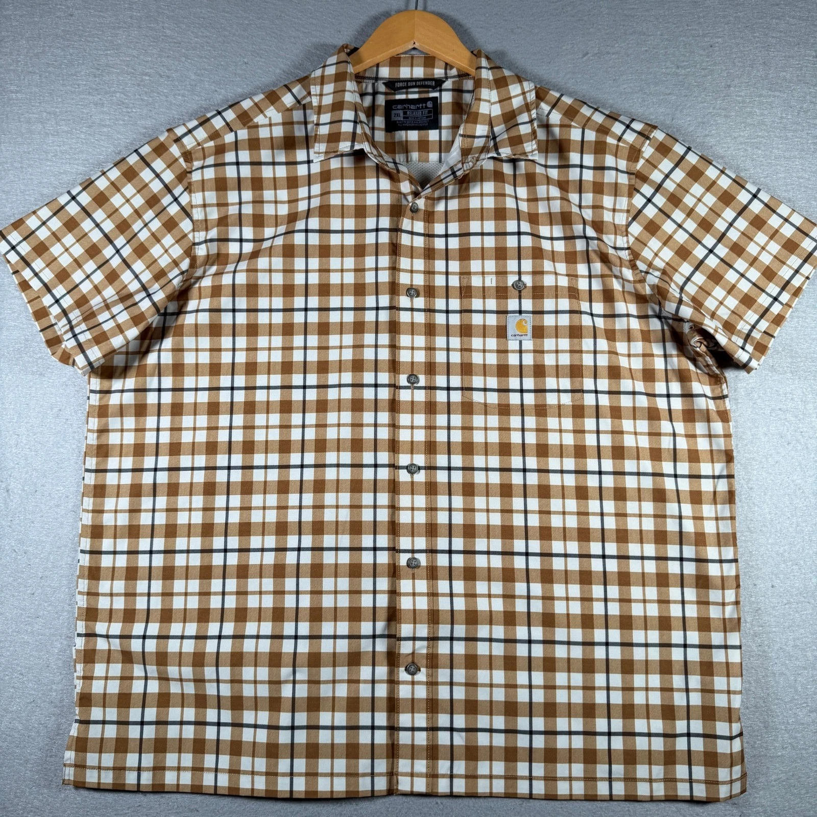 Carhartt Mens Force Sun Defender Plaid Shirt 2XL Relaxed Fit Brown TW6167-M