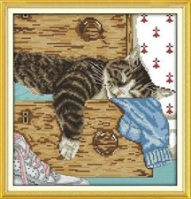 Happy Forever 11CT Stamped Cross Stitch, D132 Lazy cat 2, Size 13''x13''