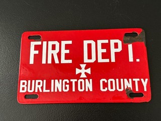 Antique N.J. BURLINGTON COUNTY FIRE DEPT. Porcelain Fire Truck License Plate