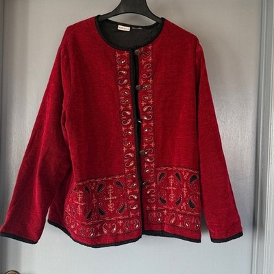 Red Paisley Tapestry Beaded Embroidered Women's Jacket Front Button sz 2XL