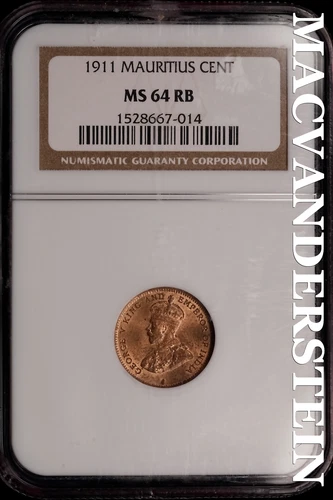 India: 1911 Mauritius Cent - NGC MS 64 RB - Scarce  No Reserve  #SLi418