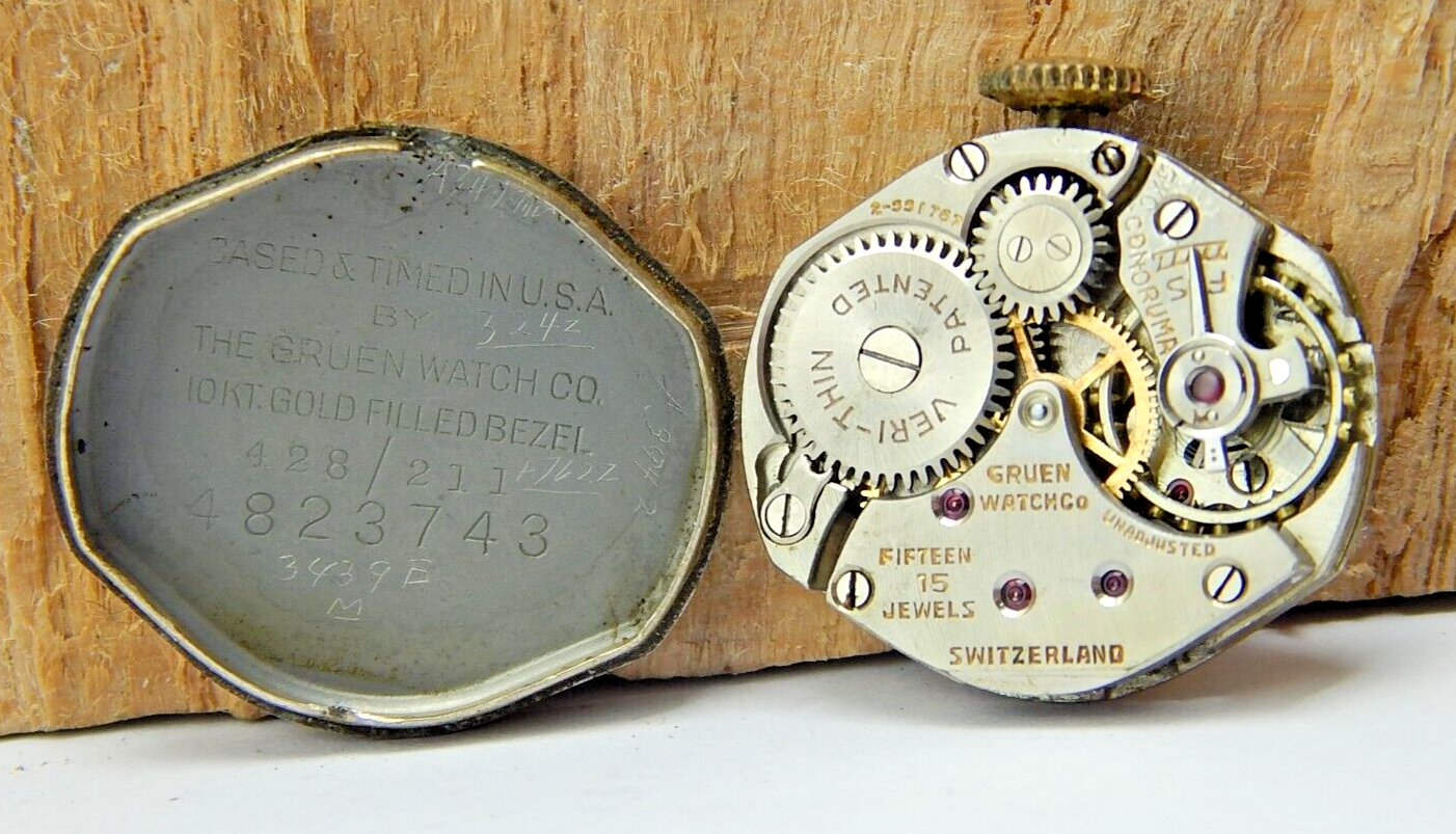 Vintage Gruen Veri-Thin 15 jewel watch movement good balance with  