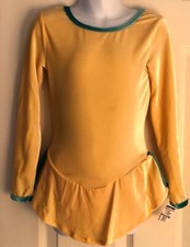 GK ICE SKATE LgSLV GIRLS SMALL YELLOW VELVET V-BACK JADE TRIM DRESS Sz CS NWT