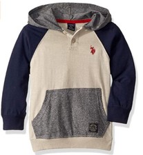 U.S. Polo Assn. Boys' Long Sleeve Pullover Jersey Hoodie, Navy/Grey, Size 4