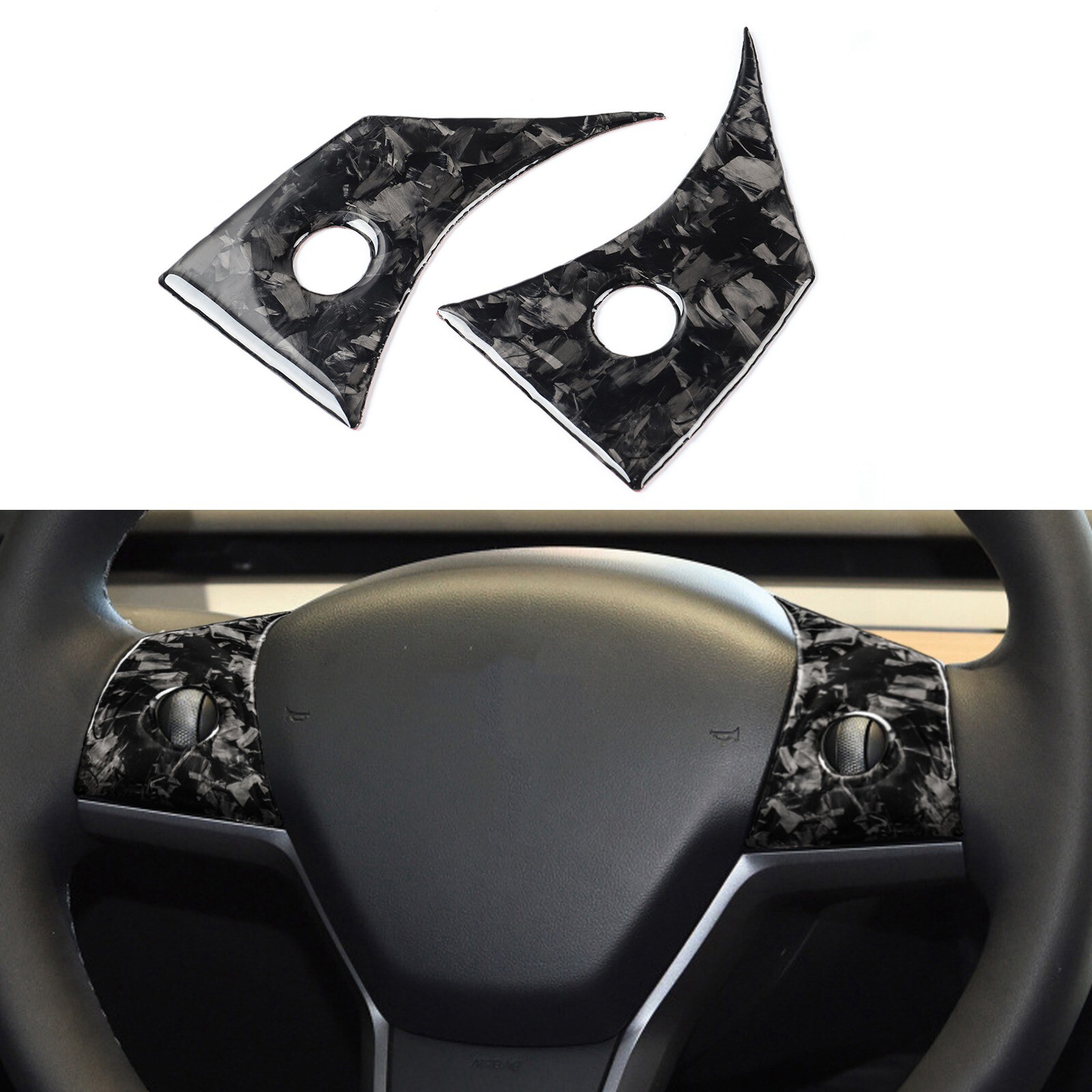 For Tesla Model 3 / Y 2017-23 2Pcs Forged Carbon Fiber Steering Wheel Panel Trim