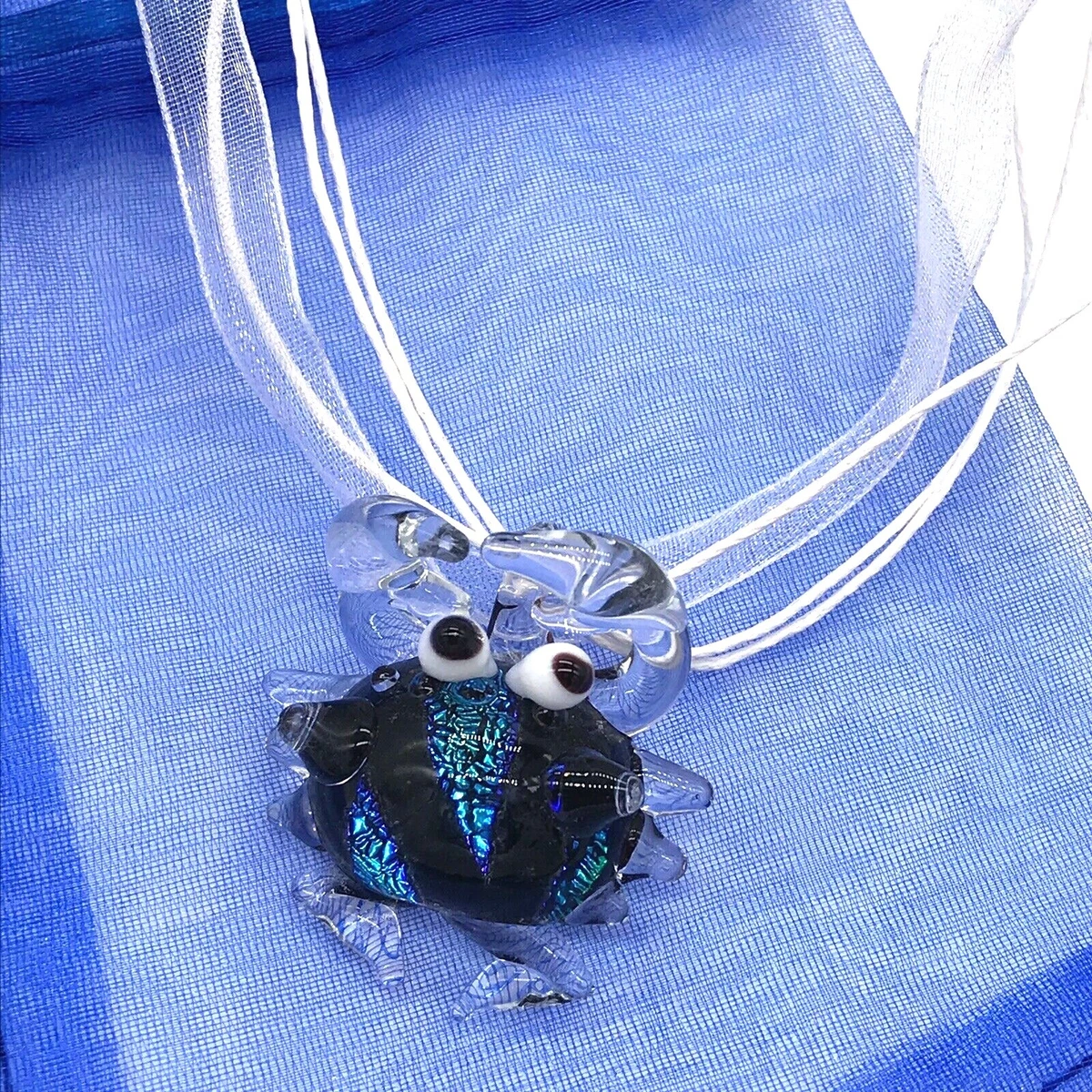Handmade Glass Crab Necklace 18 Cord Ribbon Cancer Zodiac Blue
