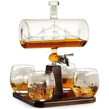 Whiskey Decanter Globe Set with 4 Etched Whiskey Glasses - for Liquor Scotch ...