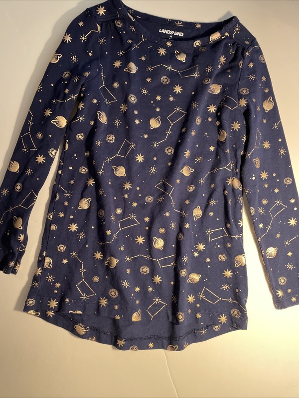Lands’ End Girls Long Sleeved Shirt, Navy with Copper Constellations, M 5-6