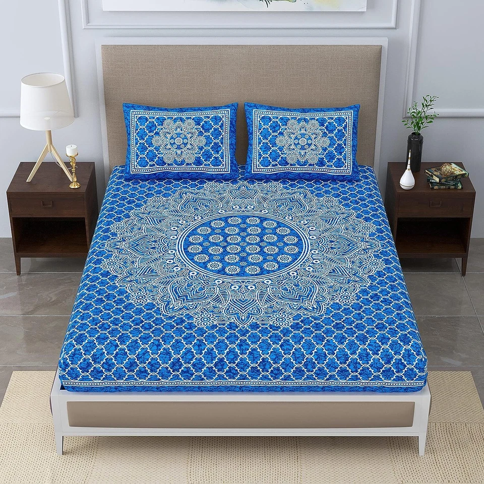 Sábana bajera estampada azul 120 TC mezcla de algodón cama doble tamaño king + 2 fundas de almohada Foto 4 de 4