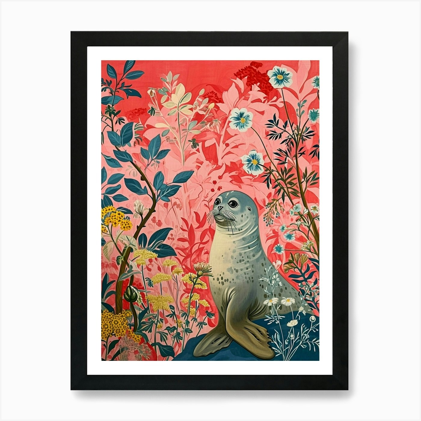 Framed Floral Harp Seal Wall Art Canvas Print Painting