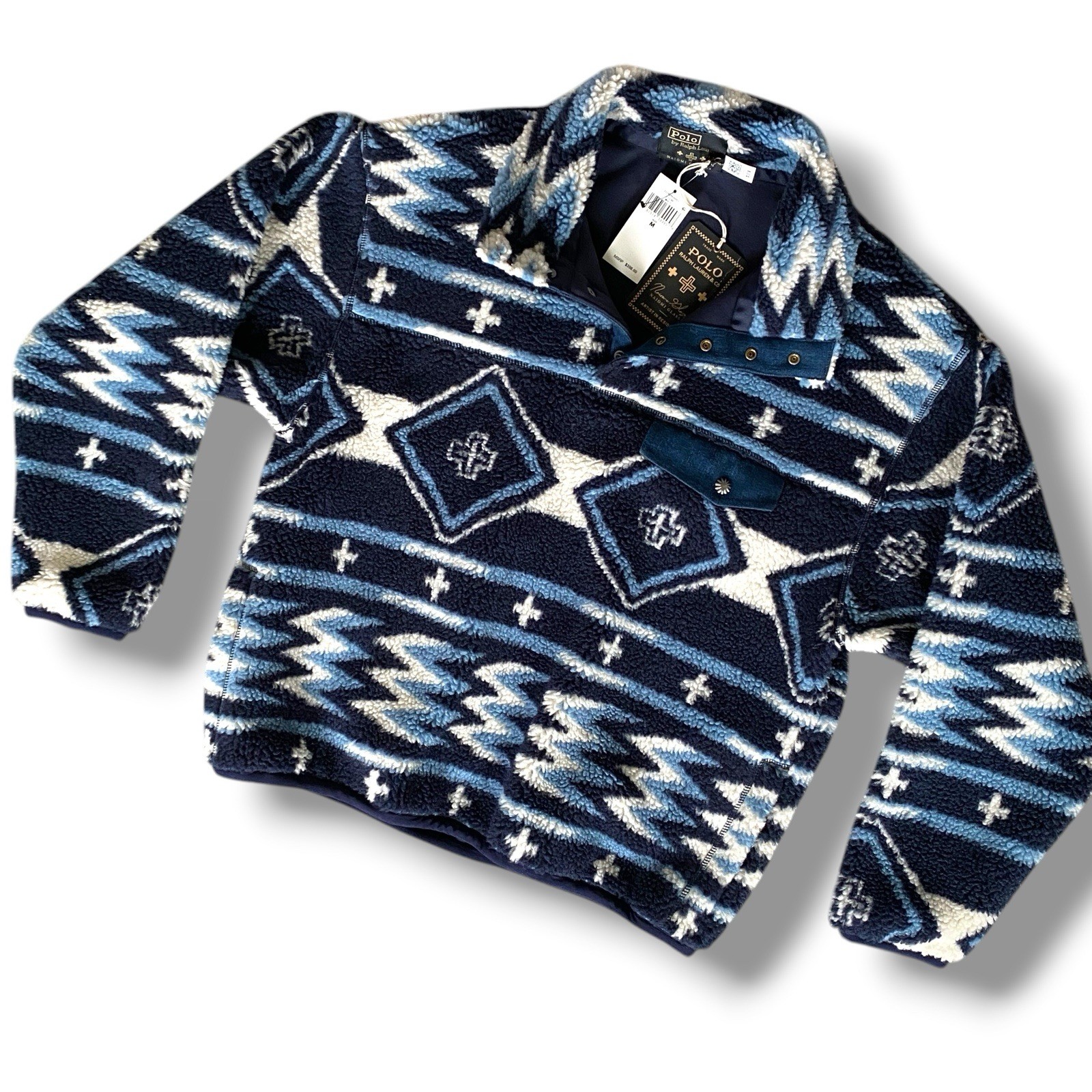 New Polo Ralph Lauren X Naiomi Glasses Navajo Print Fleece Pullover Sz M Blue image 9