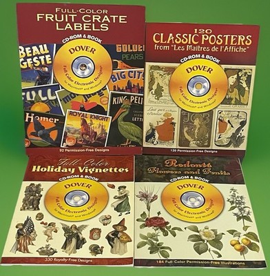 Lot of 4 Dover Books With CD-ROM Fruit Labels Vignettes Classic Posters Flowers