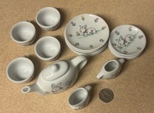 Vintage Ceramic 16pc Set Miniature Tea Set with Handpainted Bunnies and Flowers