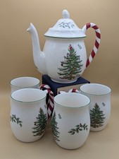 Vtg Spode Christmas Tree Teapot 4 Mug Set w/Red Candy Cane Stripe Handle, Mint