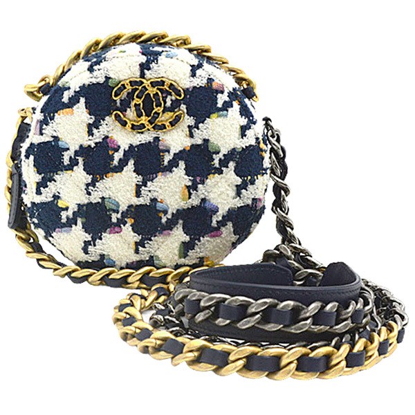 CHANEL 19 Round Chain Shoulder Bag in Houndstooth Tweed White