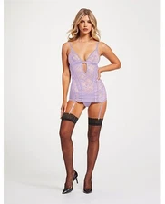 Seven 'til Midnight Chemise Lingerie Set Lavender XL Lace Mesh w/ Garters & Thon
