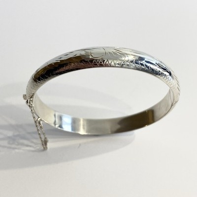 Sterling Silber 925 Armreif florales Schnörkelmuster mit Sicherheitskette aufklappbar