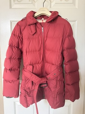 Burberry Brit trench Red Nova Check Puffer Down Hood Belt Size Small 