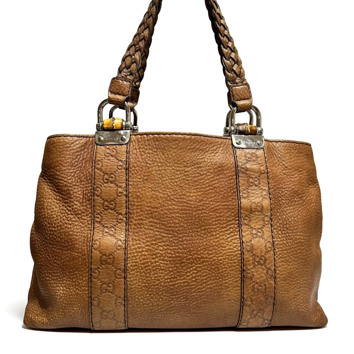 バッグ Rare GUCCI Leather Wood Handle Tote Bag Gucci Brown Leather Bamboo Handle Tote Bag