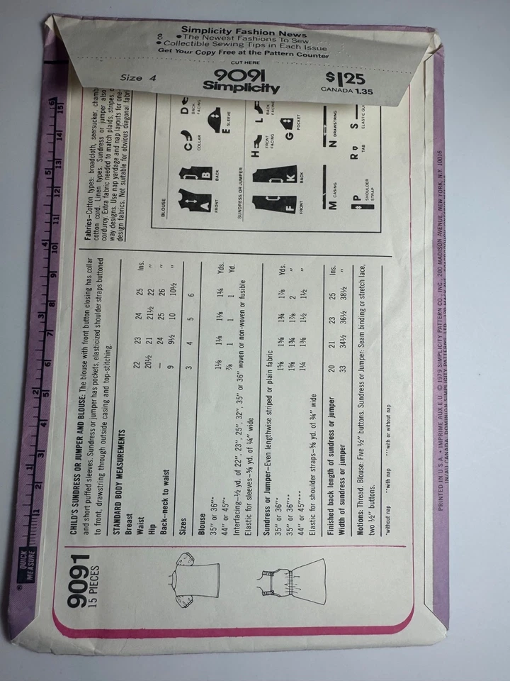 Simplicity VTG Pattern 9091 UC;FF Girls Sundress, Jumper  & Blouse SZ 4 - Image 4 of 4