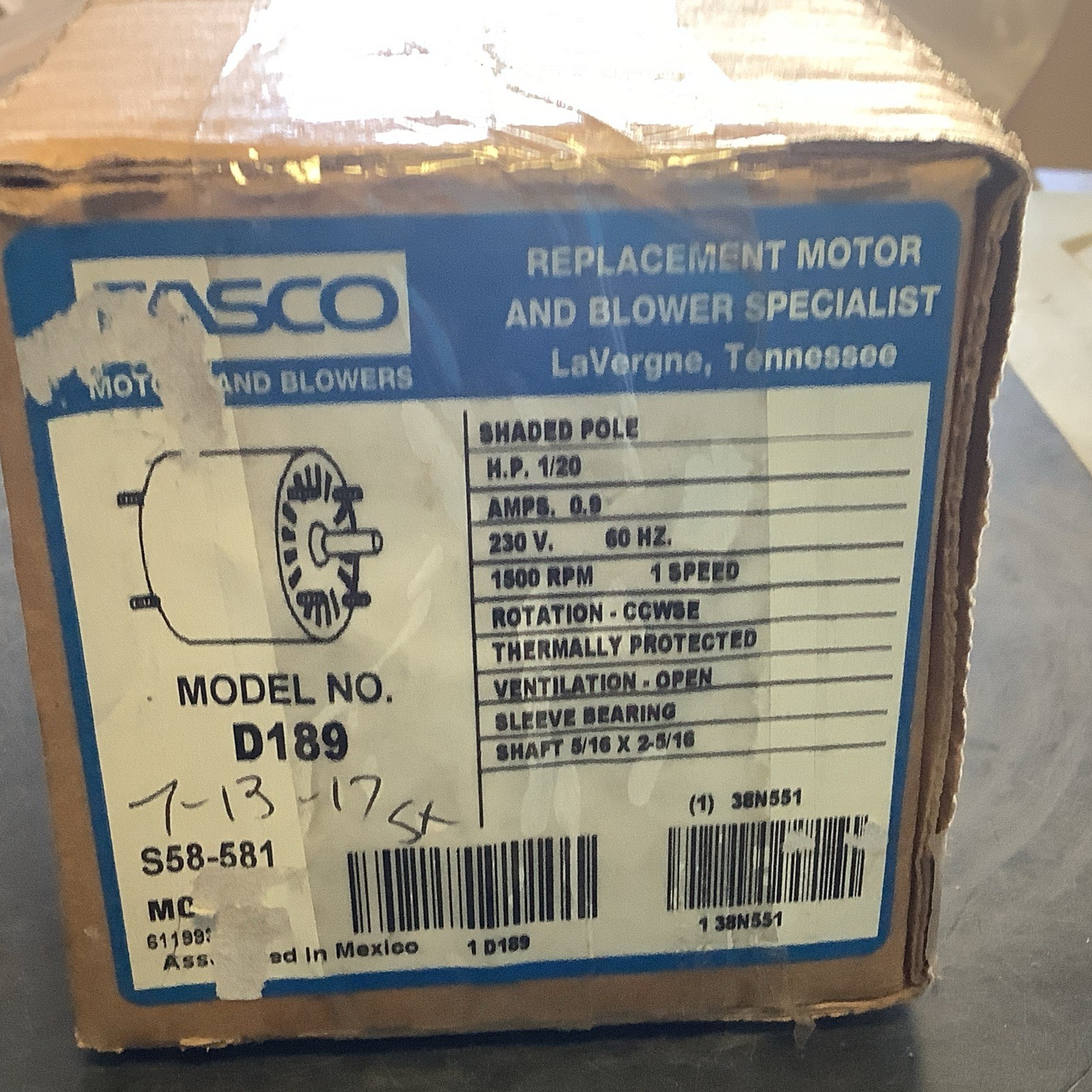 Fasco D189 Fan & Blower Motor 1/20HP 1 Phase 60Hz 230V 1500RPM