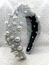 Lele Sadoughi Faux Pearl tweed Knotted Headband Gray Blue