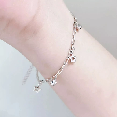 Pure Platinum 950 Chain Women Star Bead Square Cable Link Bracelet 5.05g/6.7inch - Picture 5 of 7