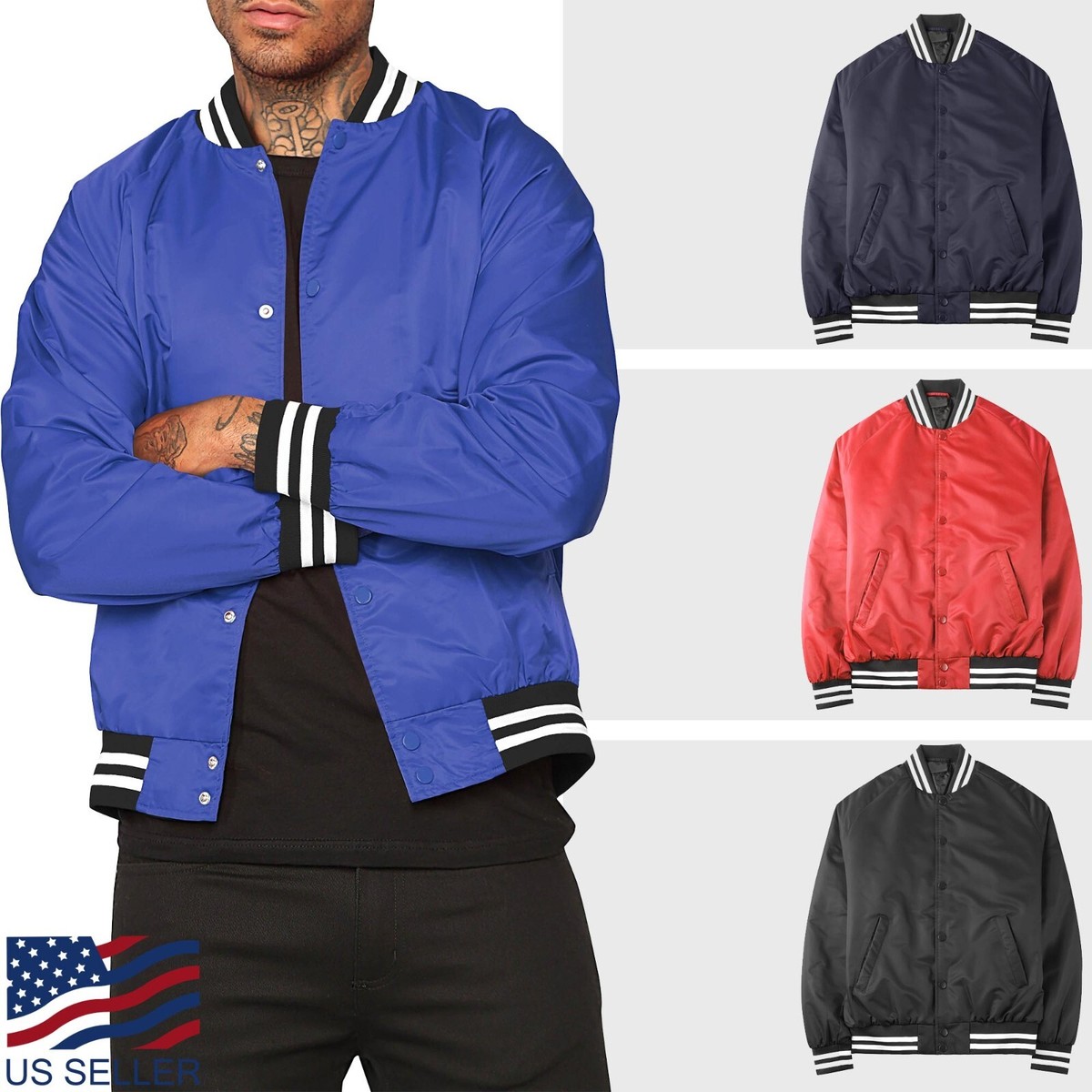 Mens Varsity Jacket Premium Classic Snap Button Vintage Baseball 