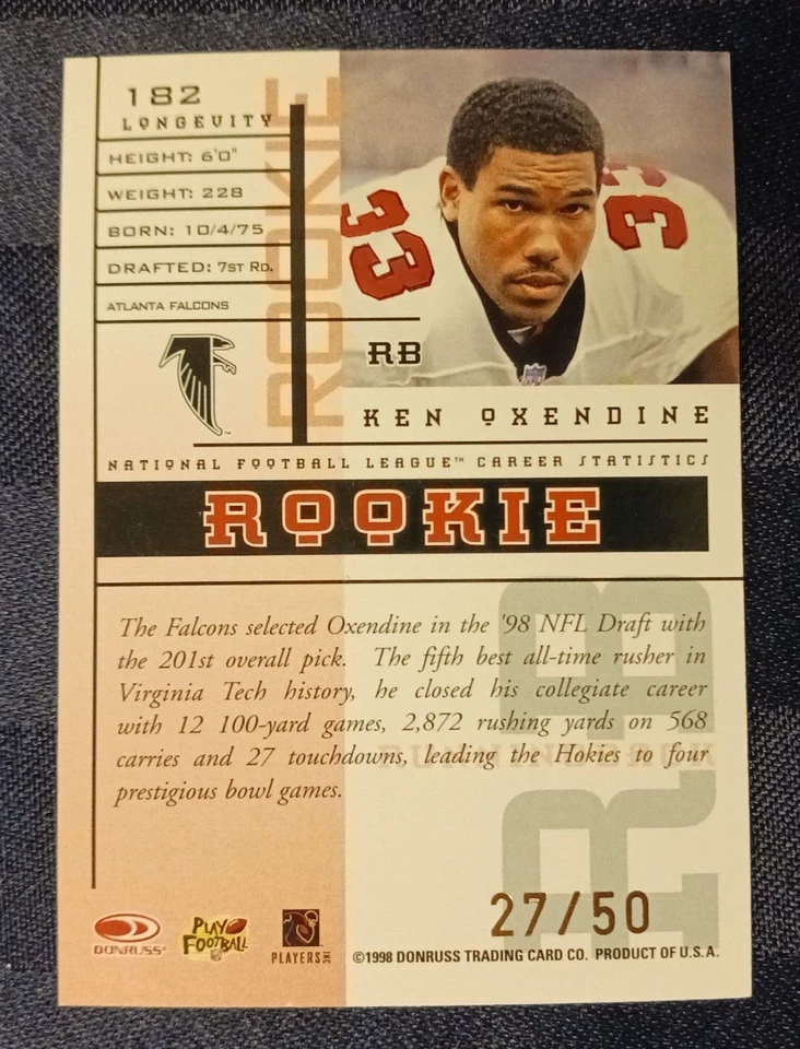 1998 Leaf Rookies and Stars #182 Ken Oxendine ROOKIE #27/50, Falcons - Image 2 of 2