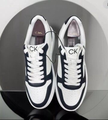 NEW Men’s Calvin Klein Faux Leather Lace Up Low Top Sneaker White Black 12 