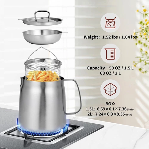 1.5L/2L Oil Filter Pot with Strainer and Frying Basket 304 Stainless Steel Oiler - Picture 14 of 33