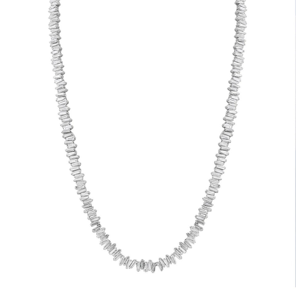 Baguette Cut Diamond Tennis Statement Necklace 18K White Gold 16.24Cttw 