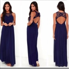 Lulus SO FAR GOWN Navy Blue Lace Maxi Dress Illusion Cut out Key Hole back CW