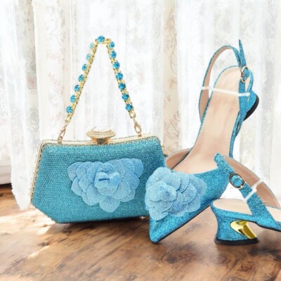Pale Blue Blue Shoes And Bag For Wedding Comfortable Block Heel
