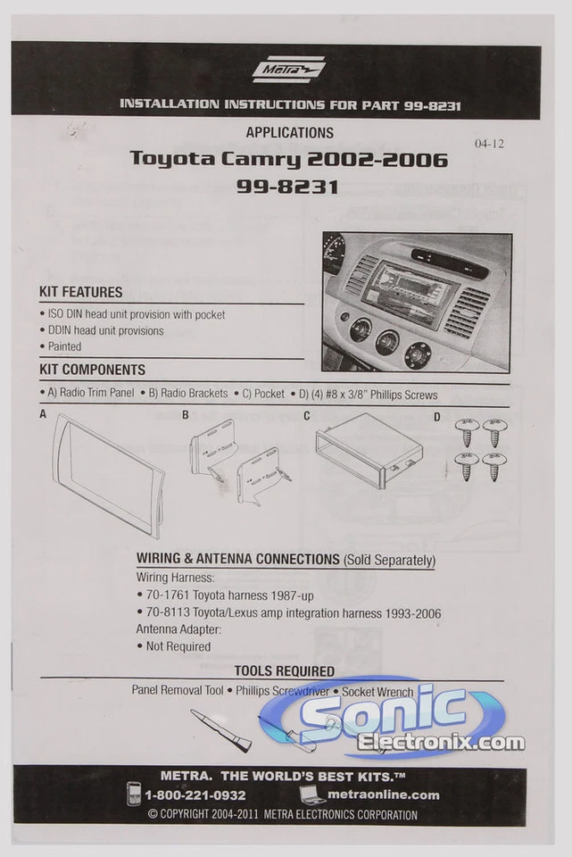Kit de instalación de tablero DIN simple/doble Metra 99-8231 para Toyota Camry 2002-06 Foto 3 de 4