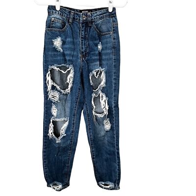 Missguided High Waisted Distressed Baggy Mom Jeans Petite size Women 24