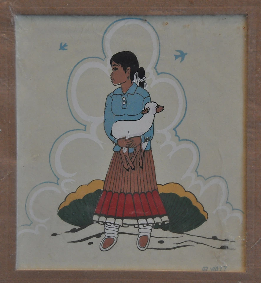 BEATIEN YAZZ (1925-) SERIGRAFÍA ORIGINAL - NIÑA NAVAJO SOSTENIENDO CORDERO - TEWA Foto 2 de 4